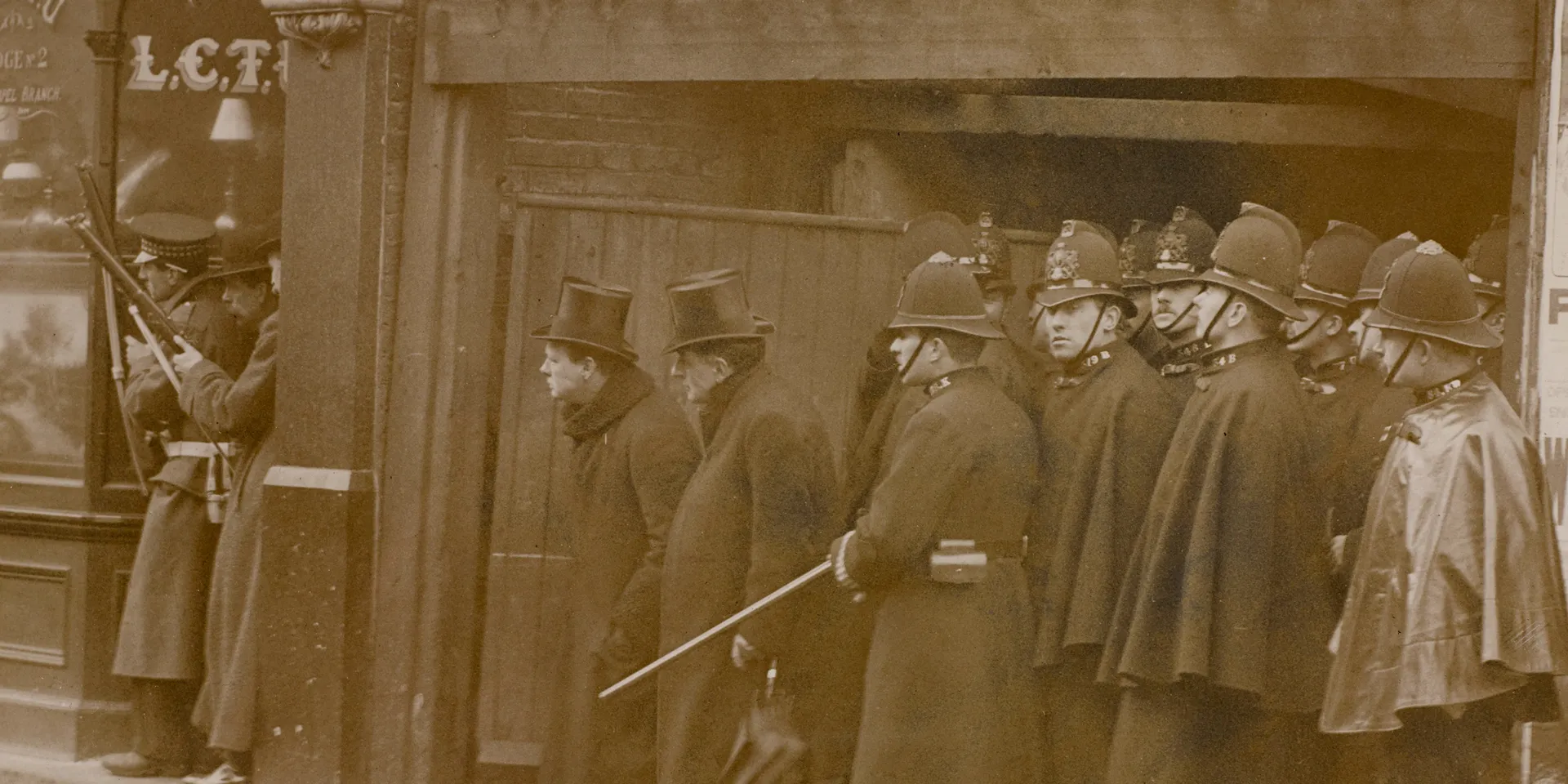 Home Secretary Winston Churchill at Sidney Street, 1911