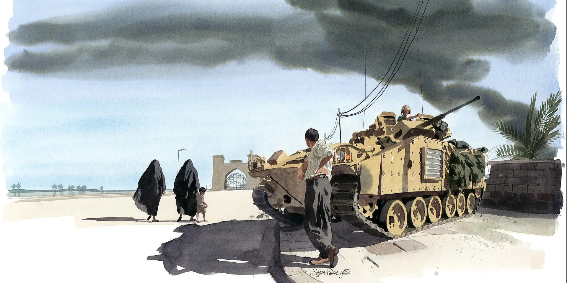 Basra Palace gates, April 2003 by Matthew Cook, 'The Times' War Artist, during Operation Telic, Iraq (2003-2011)