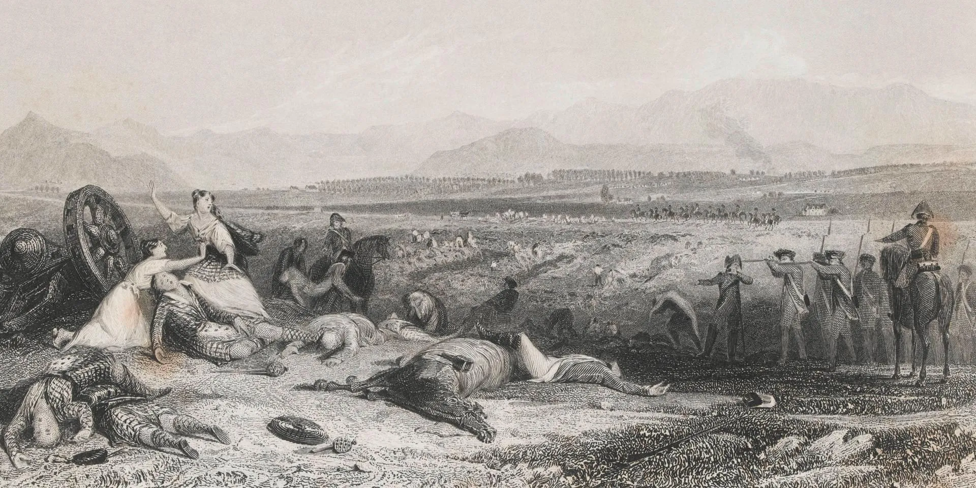 In this print of Culloden two women implore government troops to cease firing at wounded highlanders, 1746