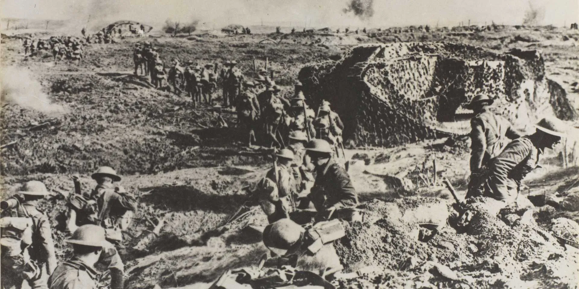 Camouflaged tanks and infantry advance during the Battle of Polygon Wood, 26 September 1917