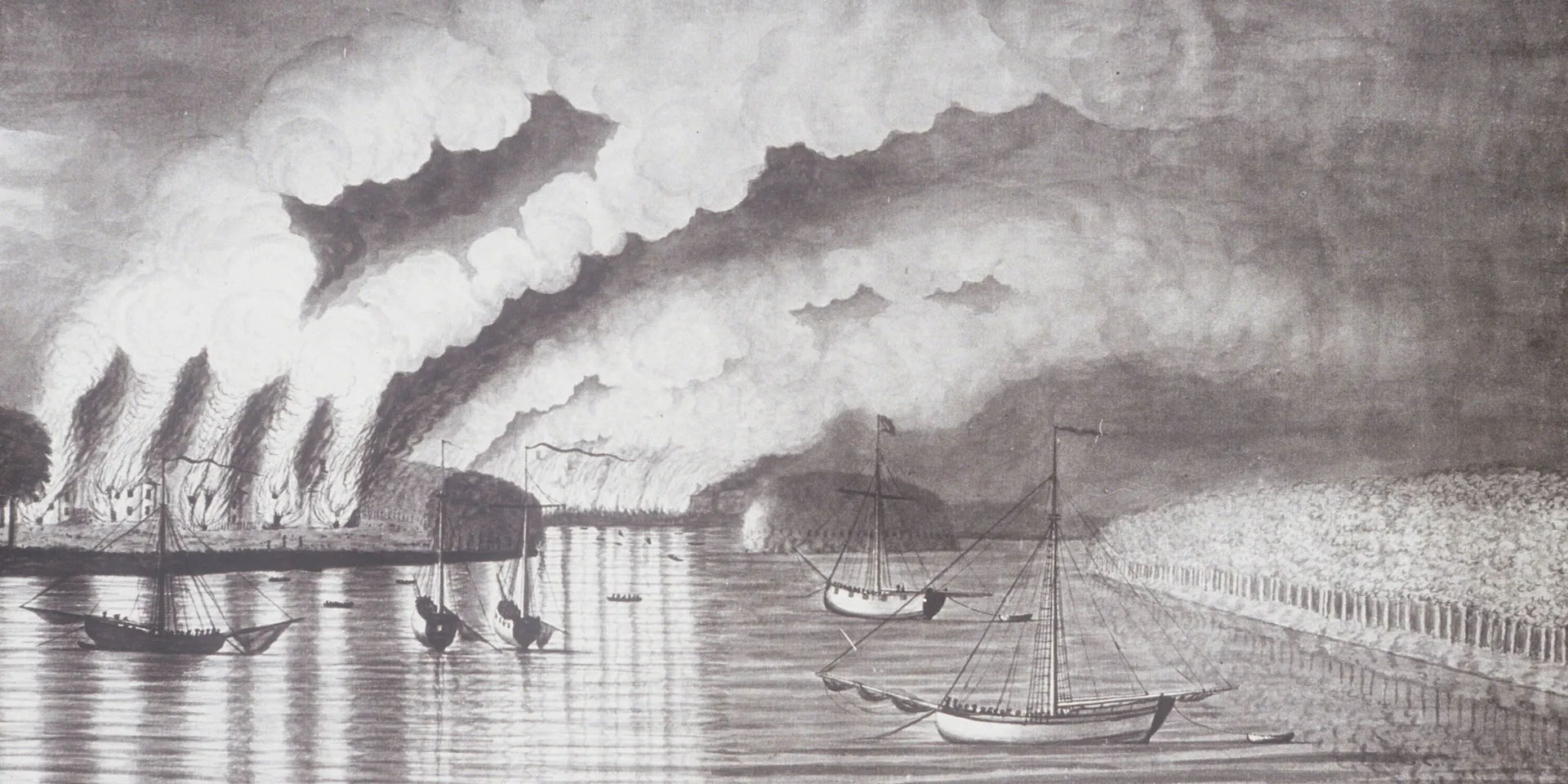‘A View of the Plundering and Burning of the City of Grimross’, by Captain Thomas Davies, 1758