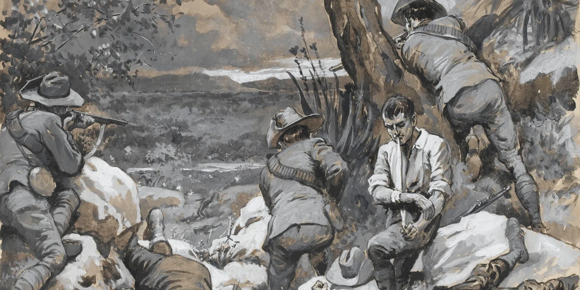 The Boer Attack on Caesar’s Camp: A Hot Corner with the Border Mounted Rifles, 1900. Watercolour by Gordon Frederick Browne  ‘special’ artist for ‘The Graphic’