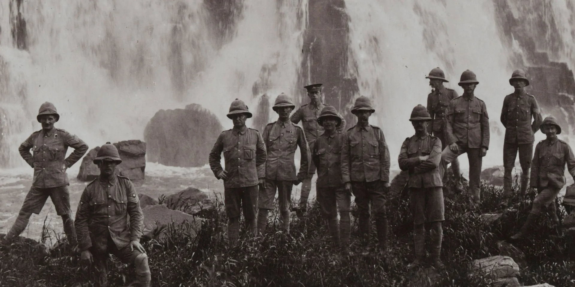 British troops refresh themselves at a waterfall, West Africa, 1915