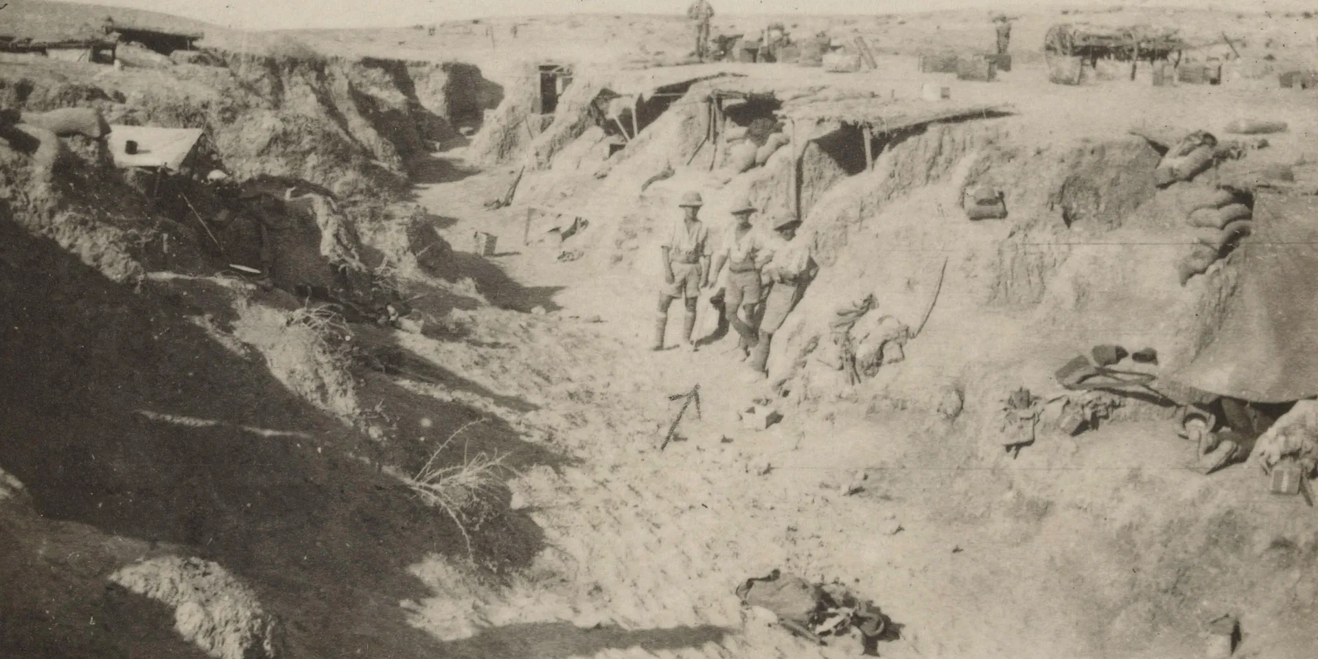 British troops in a captured wadi, part of the Turkish defences, 1917