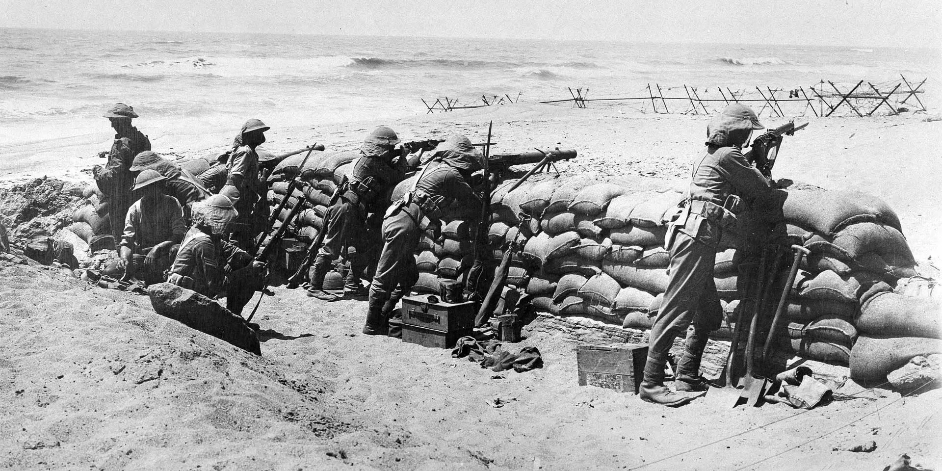 The Black Watch (Royal Highlanders) behind sandbag defences on the coast near Arsuf, 1918