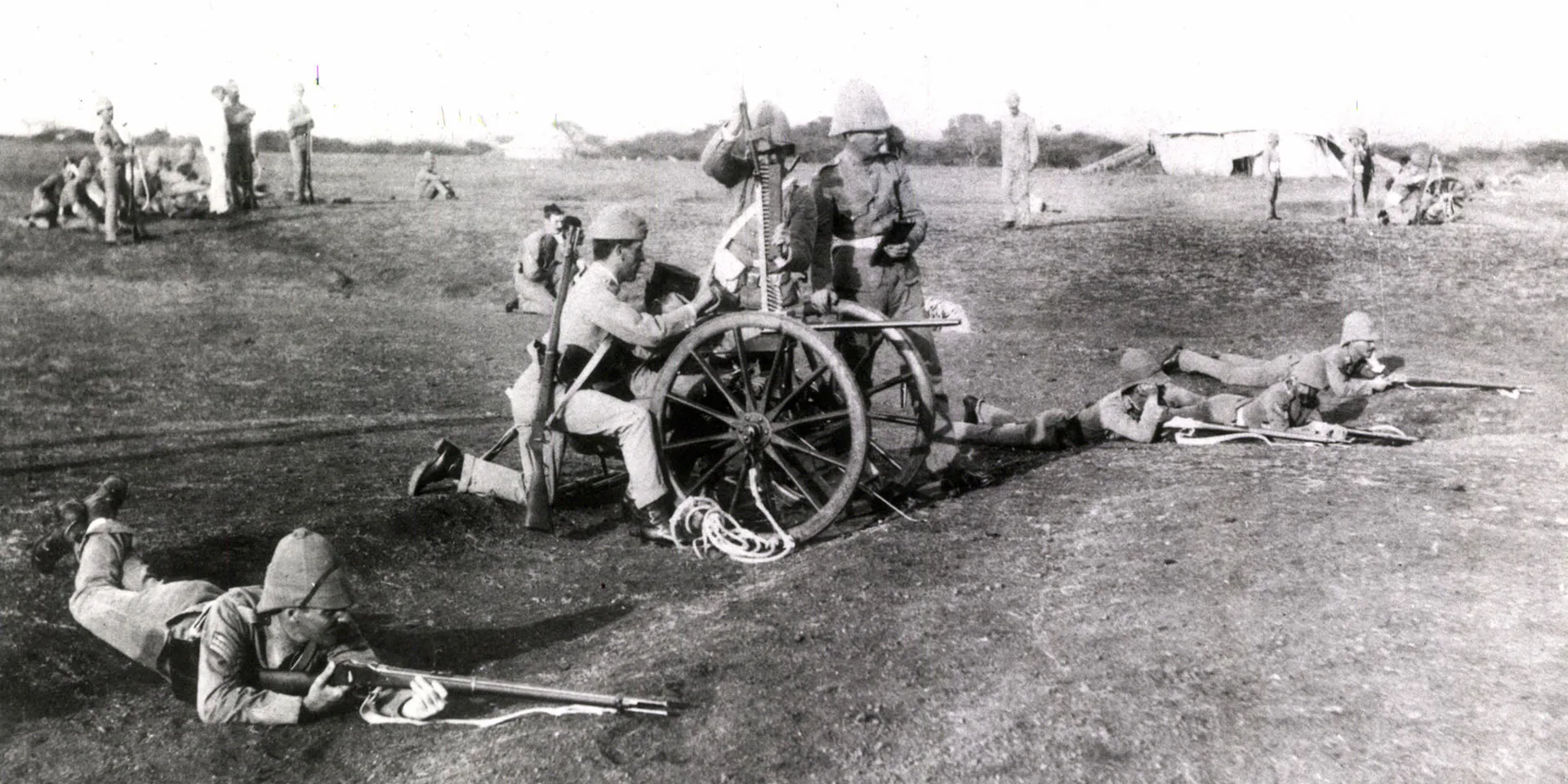 Members of The King's Own Yorkshire Light Infantry training with Gardner Guns, c1890