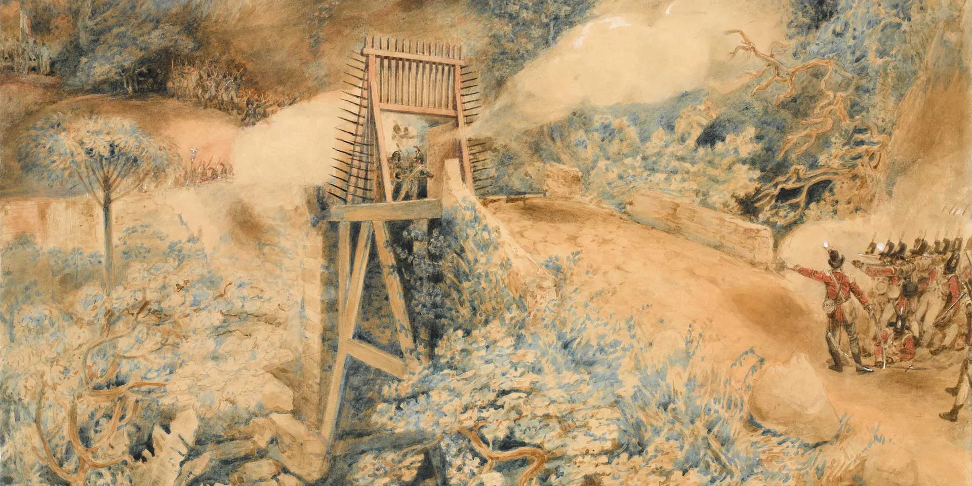 The 3rd West India Regiment fire on French troops at a bridge head, on the Ile de Cabret or Terre d'en Haut, April 1809