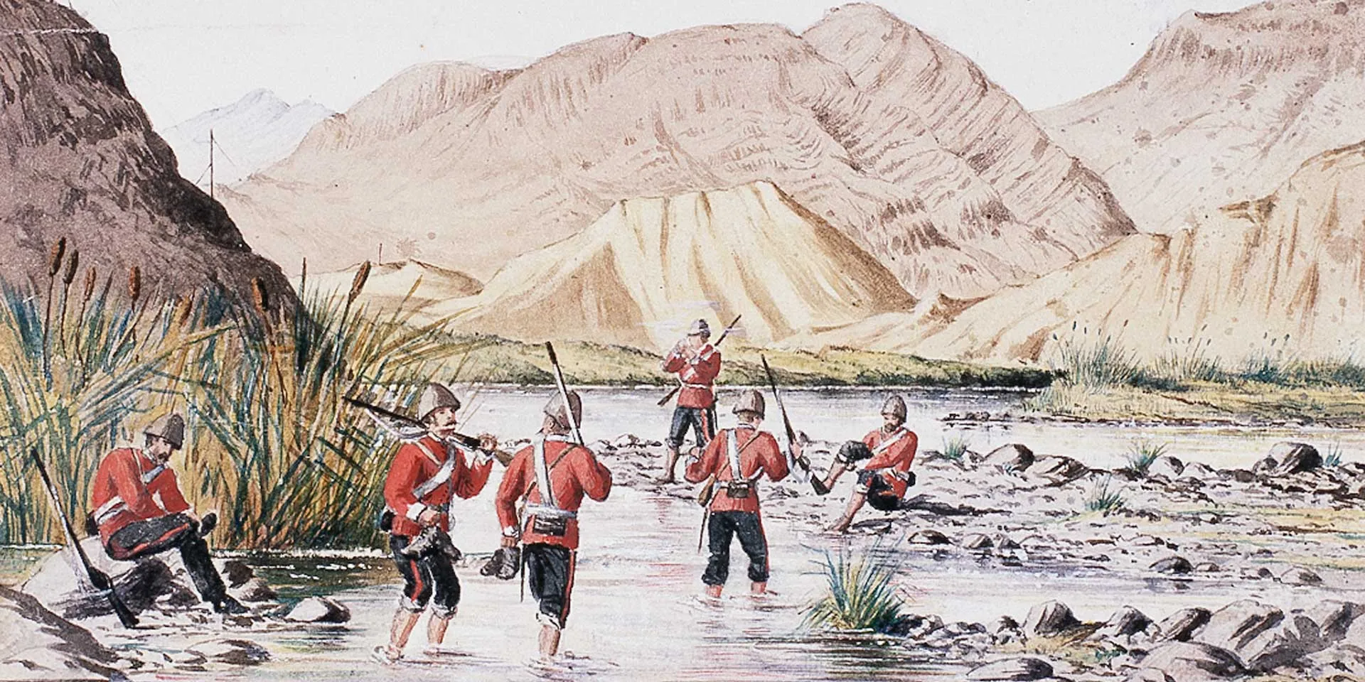 Soldiers of the 59th (2nd Nottinghamshire) Regiment cooling their feet after a hard-day's march through the Bolan Pass, 1878