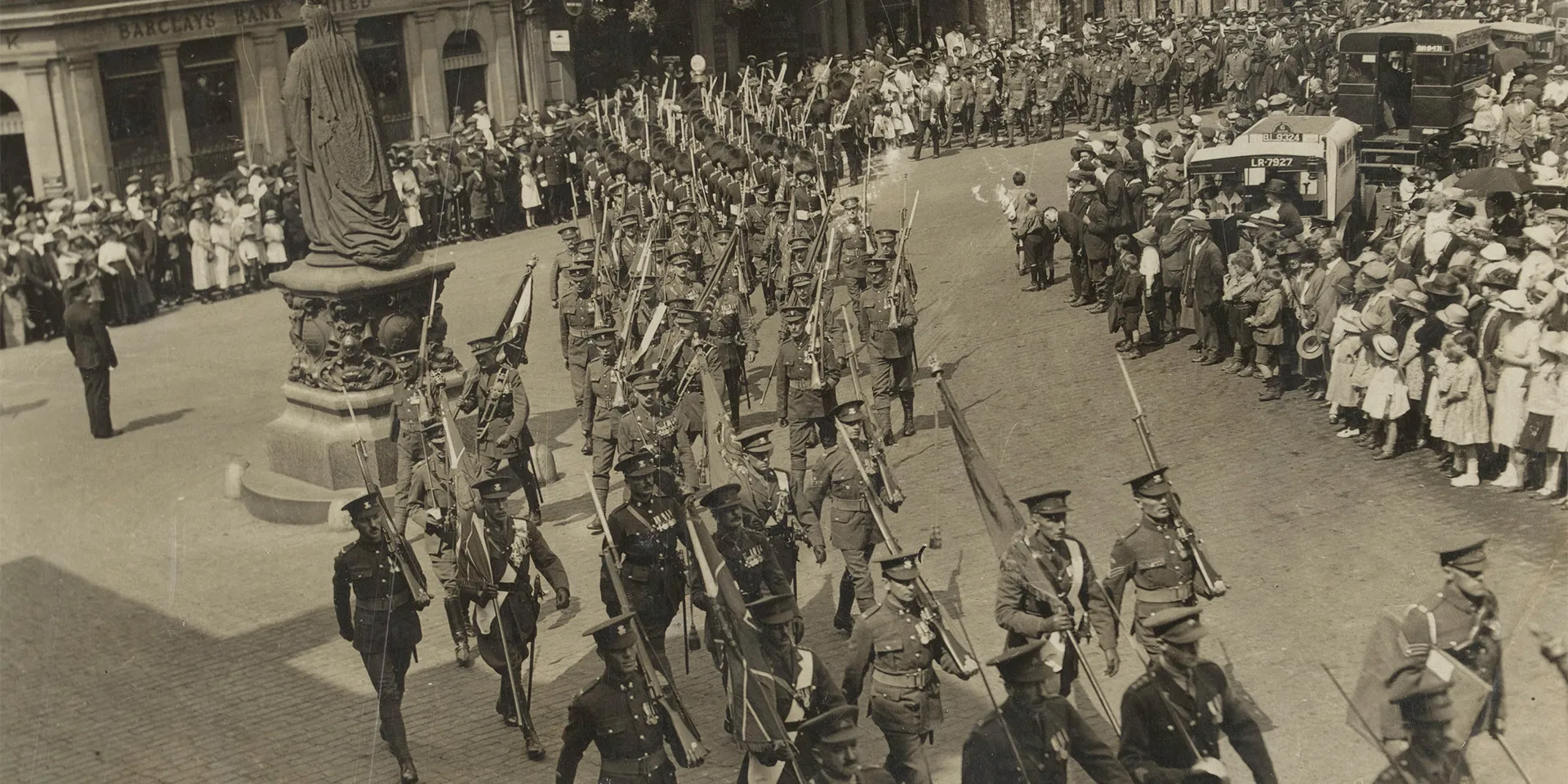 Colour party carrying the colours of the Irish regiments prior to disbandment, Castle Hill, Windsor, June 1922