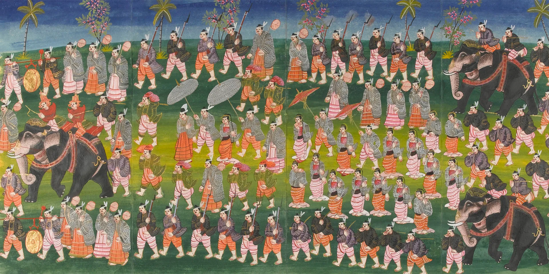 King Thibaw takes a walk with his courtiers, Burma, 1885