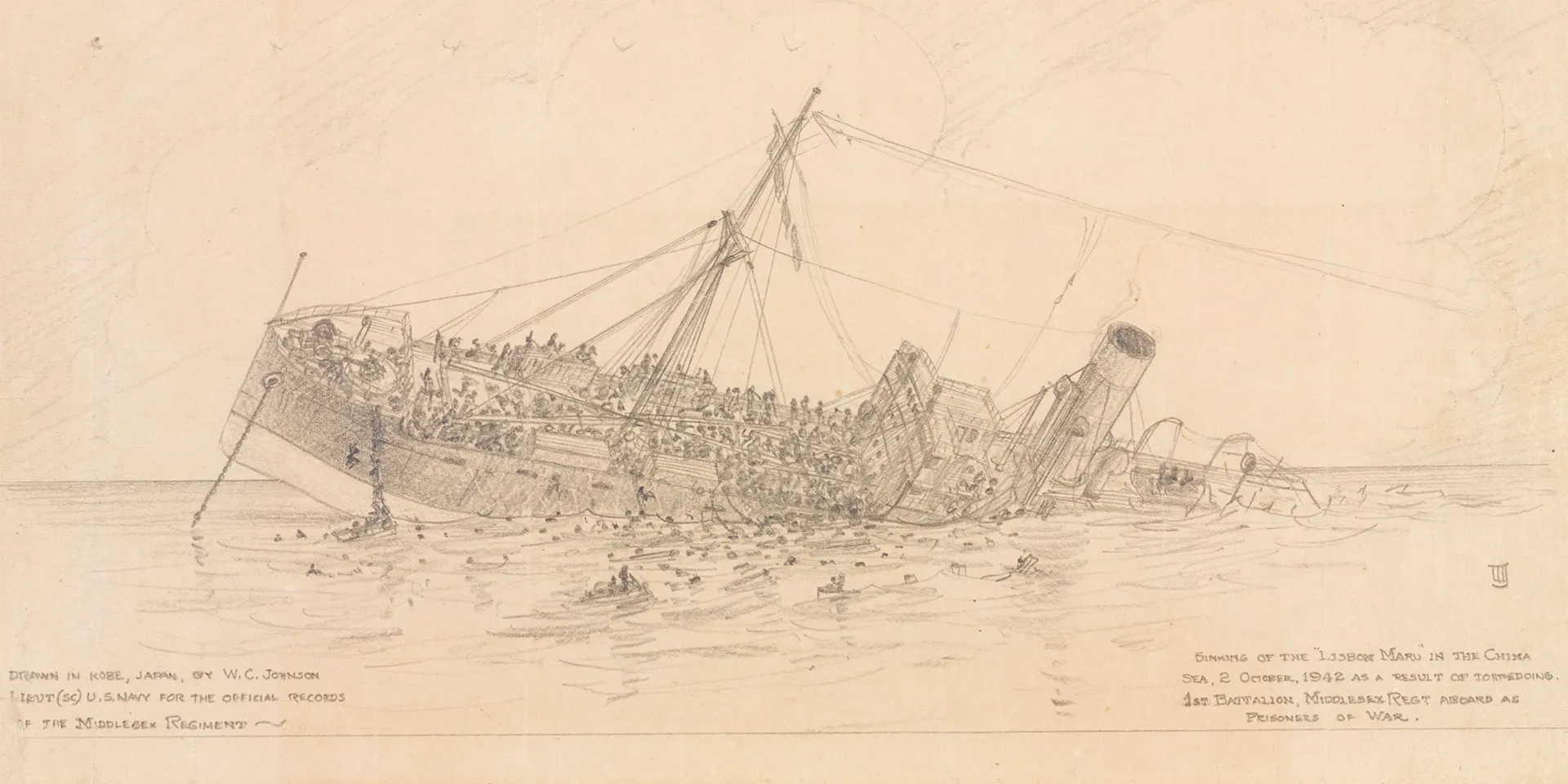 Sinking of the SS 'Lisbon Maru', a Japanese ship transporting POWs, 1942