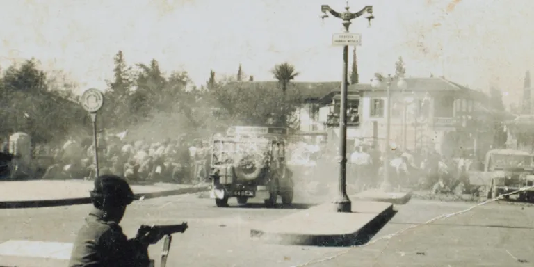 Troops engage rioters in Nicosia, Cyprus, 1956