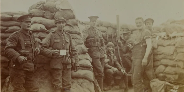 The South Staffordshire Regiment in the trenches at Wolverghem, Belgium, c1915 