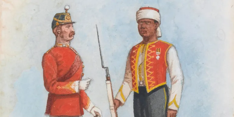 An officer and soldier, dressed in  Zouave uniform, of the 1st West India Regiment. 