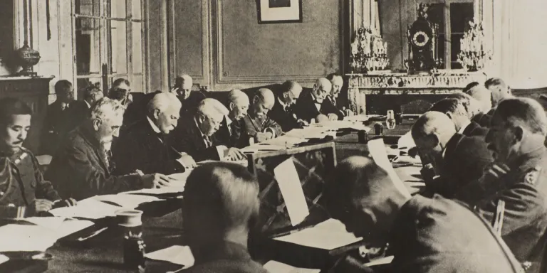Allies discussing the terms of the at Versailles, 1919