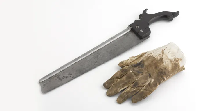 Surgical saw and blood-stained glove used to amputate  the leg of Lord Uxbridge.