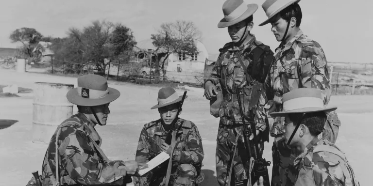 Gurkhas being briefed before a patrol at the British Sovereign Base of Dhekelia, Cyprus, 1974