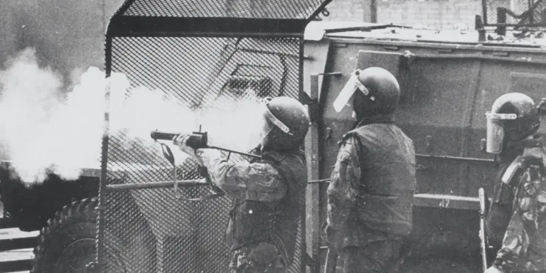 British soldiers in riot equipment in Northern Ireland, 1972