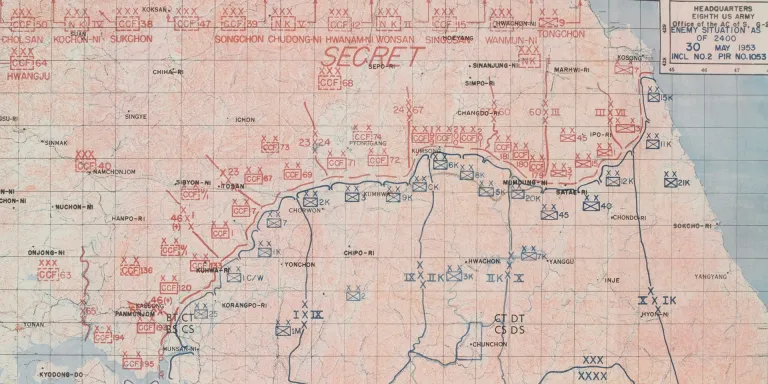 US map of Korea showing Allied and enemy dispositions on 30 May 1953.