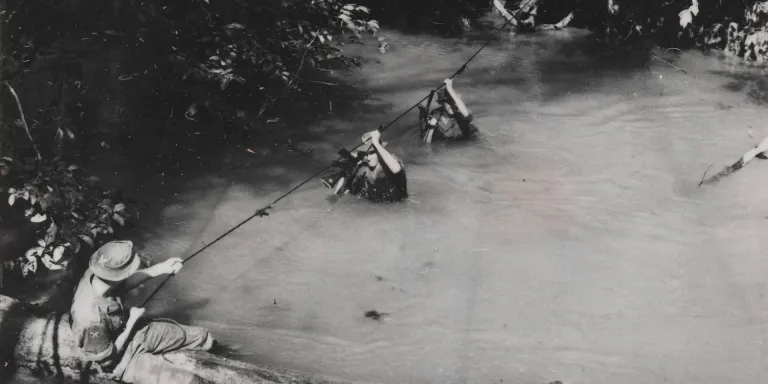 Troops negotiating waterway in the Malayan jungle, 1959