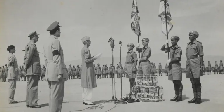 Presentation of Colours to 2nd Battalion, 15th Punjab Regiment, by Mohammad Ali Jinnah Qaid-i-Azam, Peshawar, Pakistan, 15 April 1948