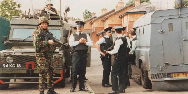 British soldiers on patrol with RUC officers, 1992