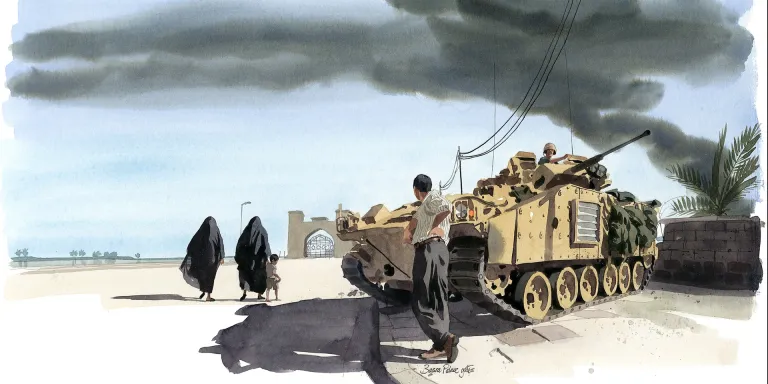 Basra Palace gates, April 2003 by Matthew Cook, 'The Times' War Artist,during Operation TELIC, Iraq (2003-2011)