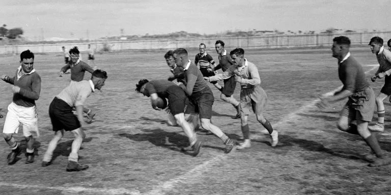 Rugby match featuring members of the 3rd County of London Yeomanry (Sharpshooters), c1942