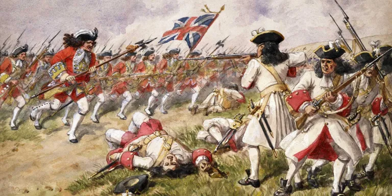 The 16th Foot charging French infantry at Ramifies, 1706