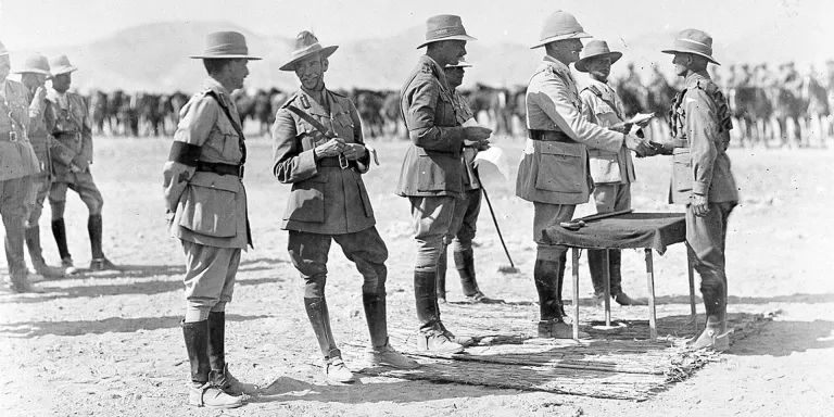 Presentation of medals by General Sir Edmund Allenby (third right) and Major-General Harry Chauvel, (second left), 1918 