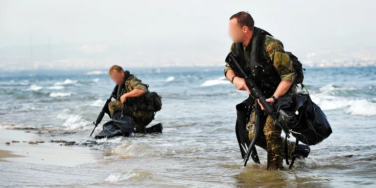 Two SBS Swimmer canoeists emerge from the sea with weapons ready, c2010 