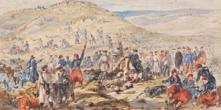 ‘Truce for burial of the dead before Sebastopol 24th March 1855’, watercolour and pencil by Henry Wilkinson