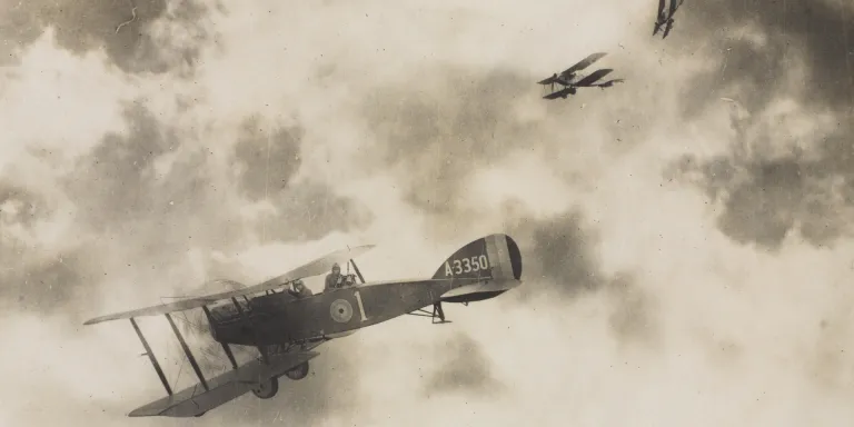 A Bristol F2 fighter of the Royal Flying Corps in an air battle, 1917