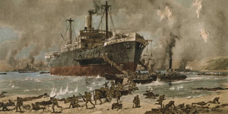 The SS 'River Clyde' landing troops at Cape Helles, Gallipoli, 25 April 1915