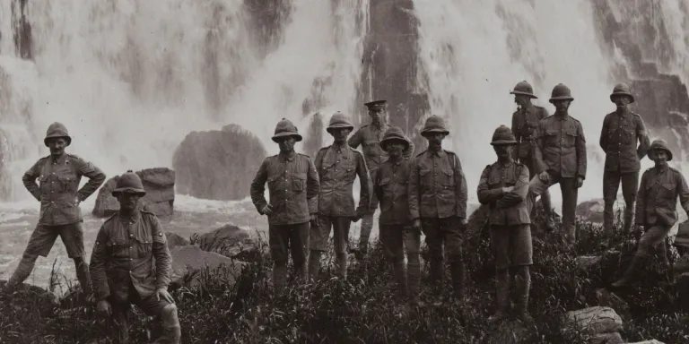 British troops refresh themselves at a waterfall, West Africa, 1915