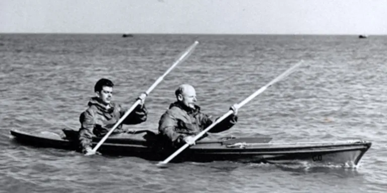 Major Herbert 'Blondie' Hasler and a colleague paddling a canoe, c1942 