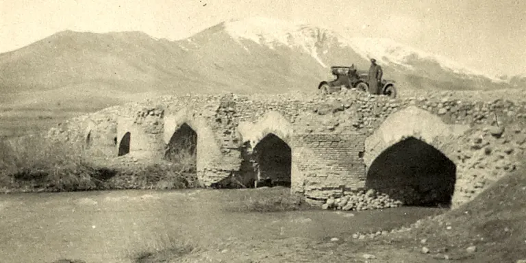 A Dunsterforce armoured car on a bridge on the Kermanshah-Hamadan Road, 1918