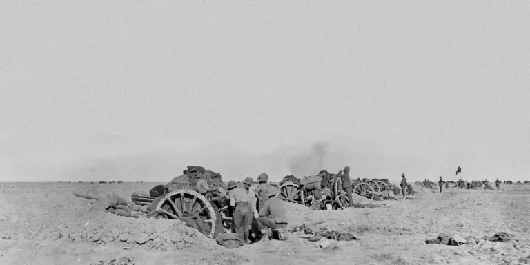 An 18-pounder battery in action at Battle of Shaik Saad, 7 January 1916