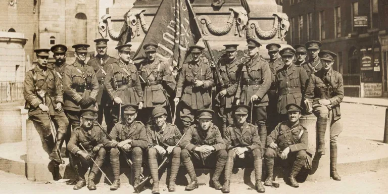 Officers of 3rd Battalion The Royal Irish Regiment with a captured Sinn Fein flag, Easter 1916 