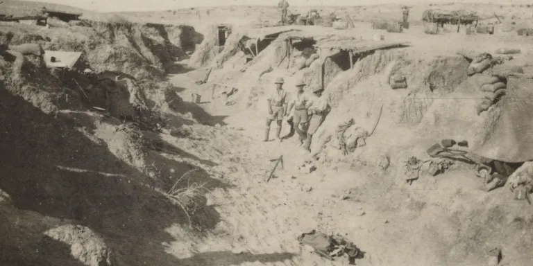 British troops in a captured wadi, part of the Turkish defences, 1917 