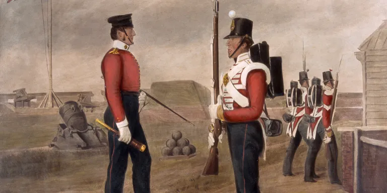Major Thomas Egerton and a sentry of the 77th (The East Middlesex) Regiment, on the King's Bastion, Portsmouth, 1849