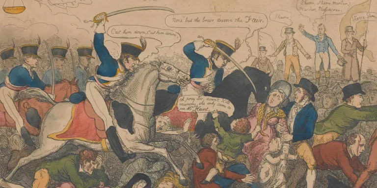 Caricature of the Peterloo Massacre. The Soldier is saying ’Cut them down, don’t be afraid, they are not armed.’
