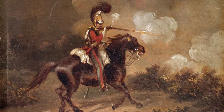 A trooper of the 1st Life Guards firing a carbine, c1830