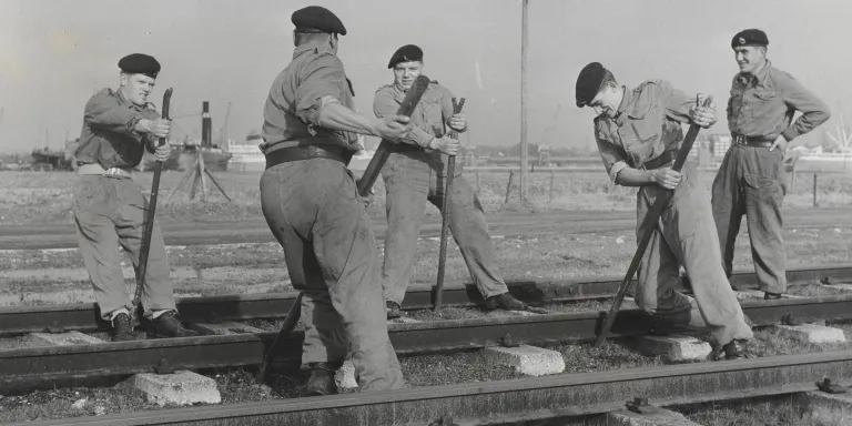 Members of the Royal Pioneer Corps undertaking railway maintenance, c1960