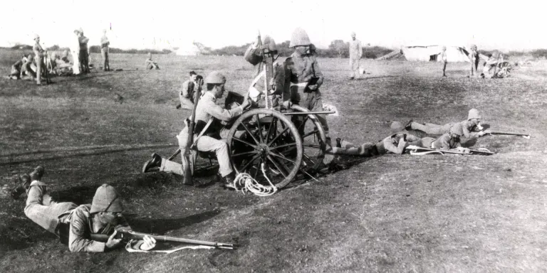 Members of The King's Own Yorkshire Light Infantry training with Gardner Guns, c1890