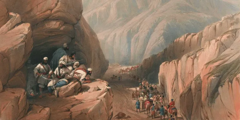 Troops from the Army of the Indus march through the Bolan Pass into Afghanistan, 1839