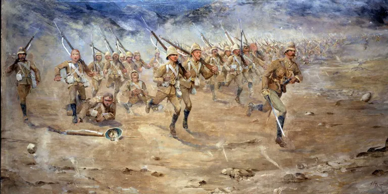 1st Battalion The Gloucestershire Regiment advancing, North West Frontier, 1897