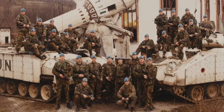 British UNPROFOR troops outside a destroyed mosque near Vitez, Bosnia, 1994