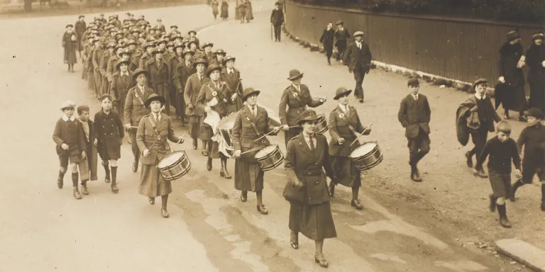 WAAC unit marching, led by their corps band, c1917