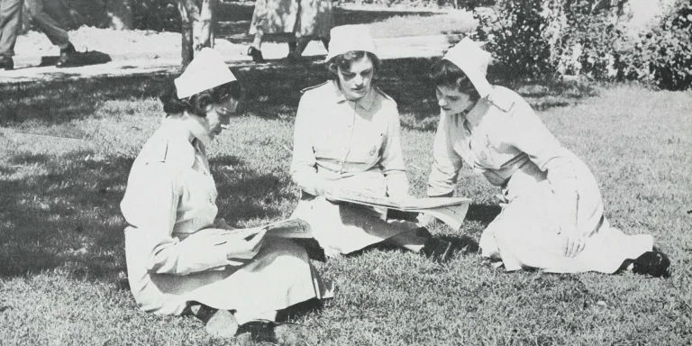 Nurses of Queen Alexandra's Royal Army Nursing Corps in the grounds of the Military Hospital, Malta, c1950
